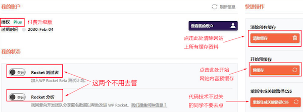 WP Rocket的仪表盘功能